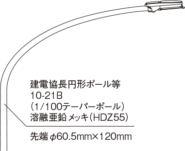 建電協長円形ポール等10-21B（1/100テーパーポール）溶融亜鉛メッキ（HDZ55）先端φ60.5mm×120mm