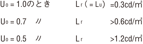 数式：Uo=1.0のときLr(=Lu)=0.3cd/㎡、Uo=0.7のときLr>0.6cd/㎡、Uo=0.5のときLr>1.2cd/㎡