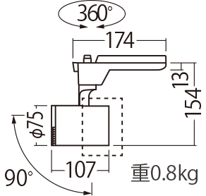 配光調整機能付スポットライト「BeAm Free」 150形の寸法図