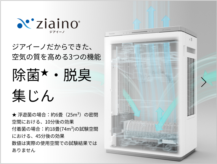 ジアイーノだからできた、空気の質を高める3つの機能除菌★・脱臭集じん 浮遊菌の場合：約6畳（25m³）の密閉空間における、10分後の効果付着菌の場合：約18畳(74m³)の試験空間における、45分後の効果数値は実際の使用空間での試験結果ではありません