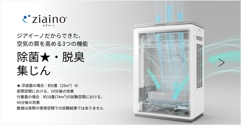 ジアイーノだからできた、空気の質を高める3つの機能除菌★・脱臭集じん 浮遊菌の場合：約6畳（25m³）の密閉空間における、10分後の効果付着菌の場合：約18畳(74m³)の試験空間における、45分後の効果数値は実際の使用空間での試験結果ではありません