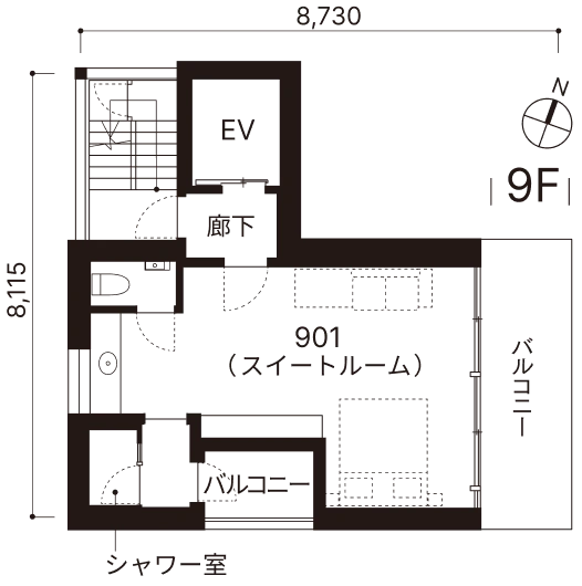 小大建築設計事務所の小嶋伸也さんと小嶋綾香さんが設計した東京・日本橋のモダンホテル「Hotel Rakuragu」9階の図面。