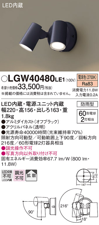未使用品】 パナソニック LGW40480 LE1 LEDスポットライト 屋外用 壁直付 拡散 防雨型 パネル付 電球色 