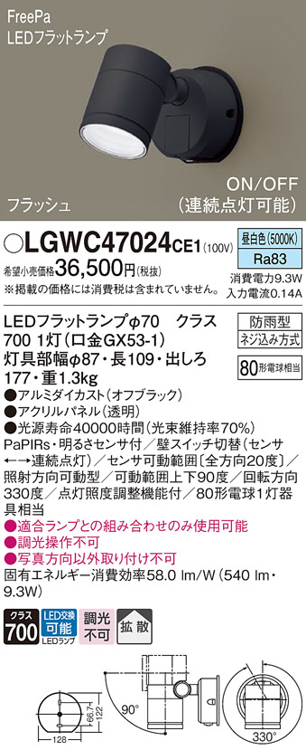 パナソニック LGWC47127 CE1 LEDスポットライト 屋外用 壁直付 集光 防