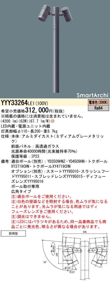 パナソニック SmartArchi ポールスポットライト ポール別売 2灯 LED（電球色） 中角 YYY33154LE1 - 1