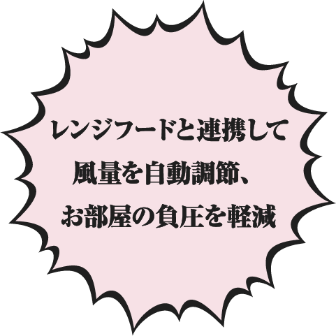 レンジフードと連携して風量を自動調節、お部屋の負圧を軽減