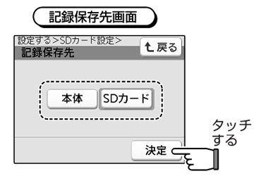 2. 記録保存先設定が表示されますので、SDカードを選択し、決定をタッチします。