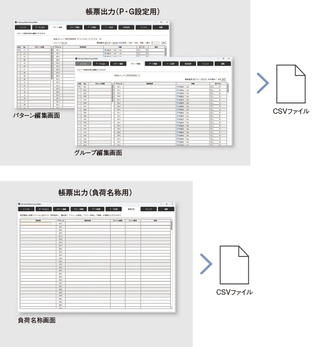 パターン・グループ編集画面、負荷名称画面をCSVファイルで出力