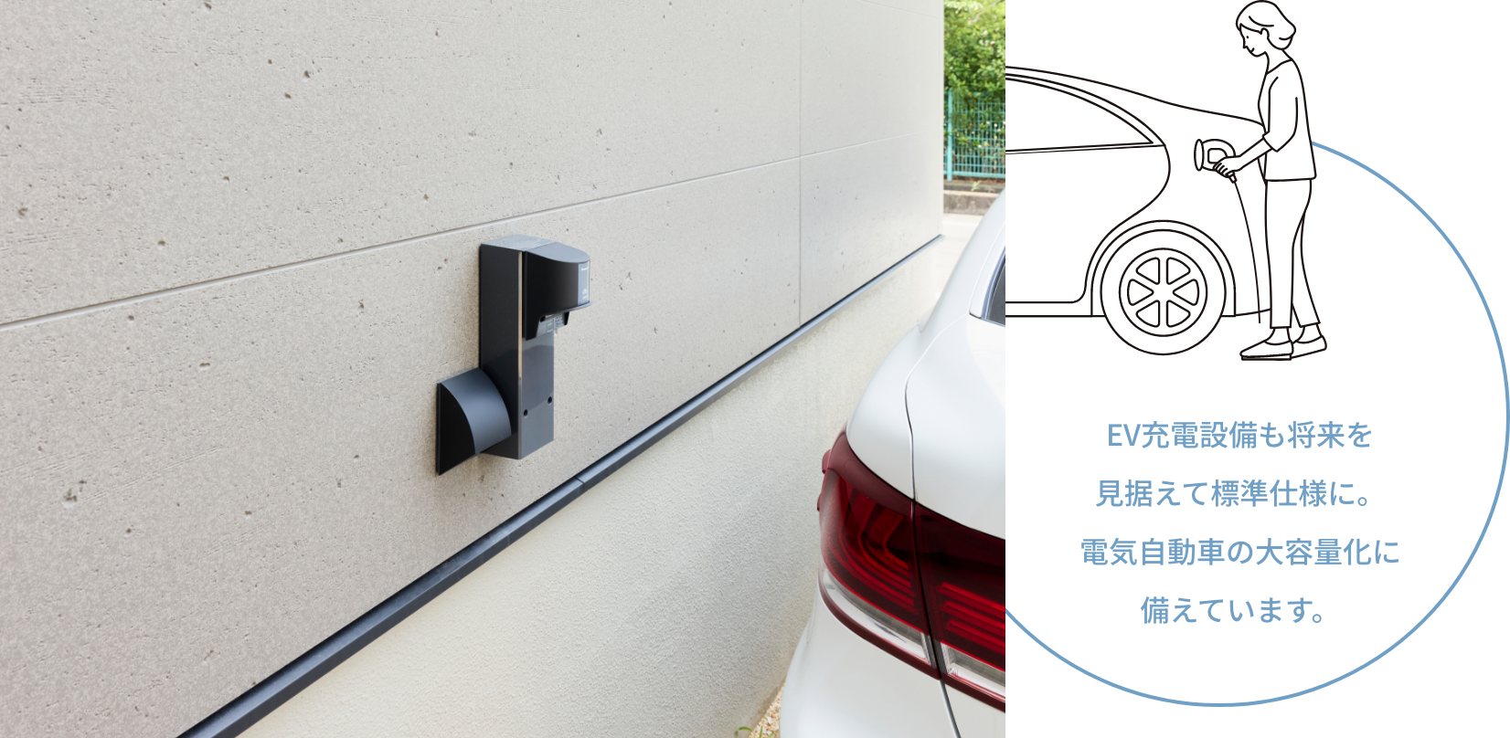 EV充電設備も将来を見据えて標準仕様に。電気自動車の大容量化に備えています。