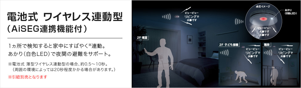 電池式 ワイヤレス連動型（AiSEG連携機能付） 1ヵ所で検知すると家中にすばやく※連動。あかり（白色LED）で夜間の避難をサポート。※引紐別売となります