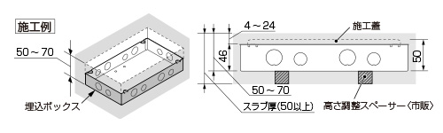 施工例 ボックスを50mm~70mmの位置に調整してください。