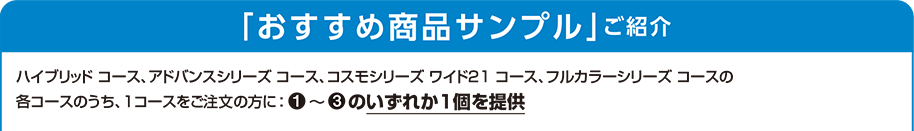 「おすすめ商品サンプル」ご紹介（下記（1）～（3）のいずれか1個を提供）