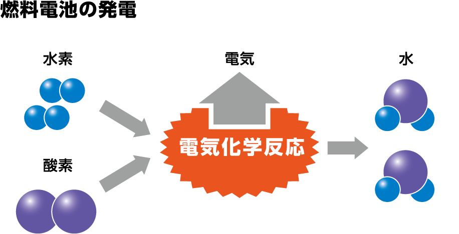 燃料電池の発電の原理のイラストです。燃料電池は水素と酸素から水を生成する電気化学反応を起こし、その過程で電力(電気エネルギー)を発生させています。