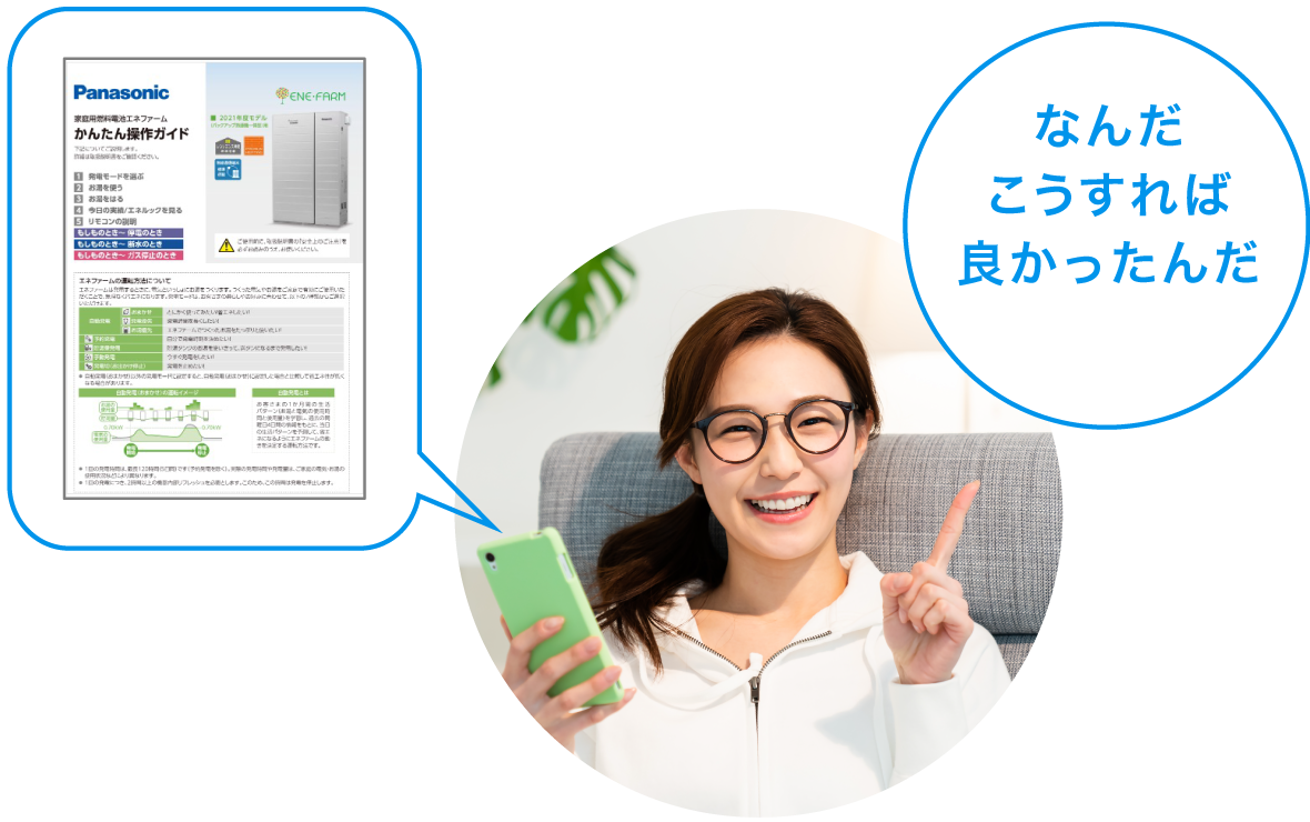 使い方ガイドのイメージ画像です。「なんだこうすれば良かったんだ」と、スマートフォンでガイドを確認して納得した女性の画像です。