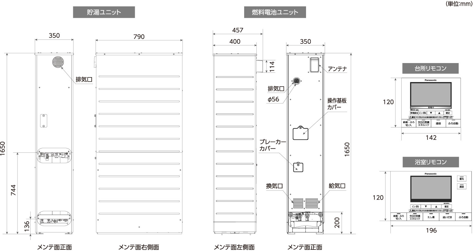 戸建一般地向け エネファーム 2023年度モデル 都市ガス一体型(燃料電池ユニット、貯湯ユニット、台所リモコン、浴室リモコン)の寸法図