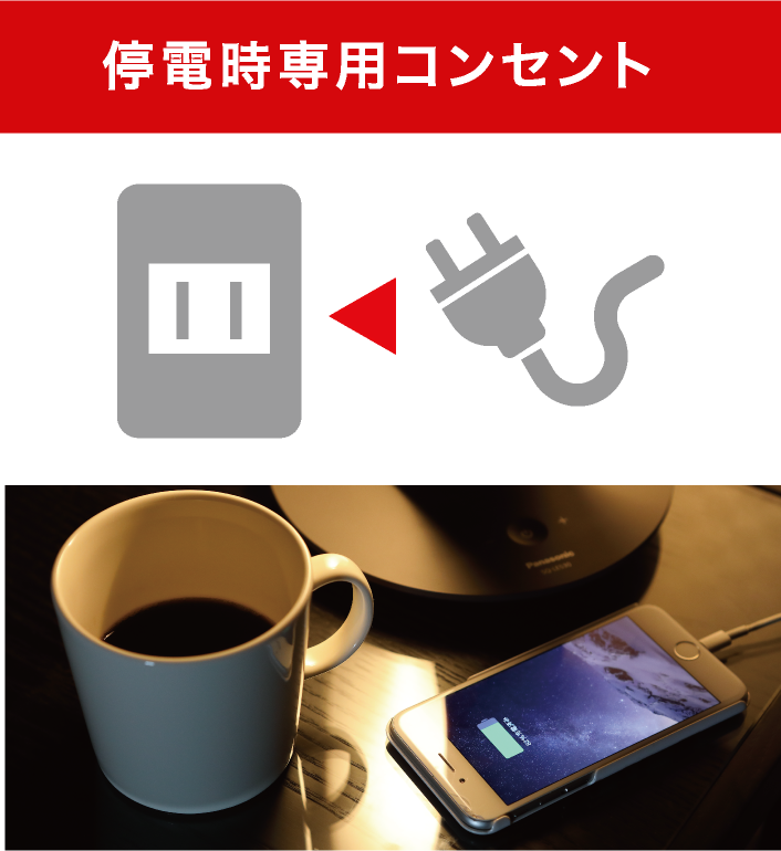 「停電時専用コンセント」のイラストと暗い部屋で充電中のスマートフォンの画像です。