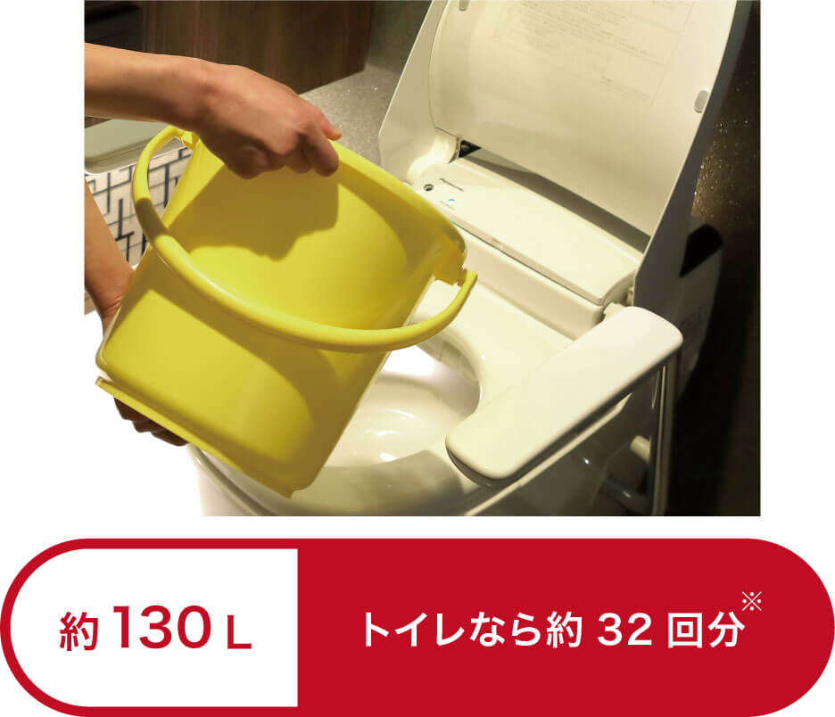 バケツでトイレに水を流している画像です。約130L。トイレなら約32回分