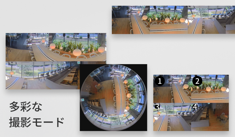 多彩な撮影モード 高性能魚眼レンズを搭載し、1台で全方位を監視可能。魚眼映像をカメラ側で補正することで多彩な撮影モードに対応できます。