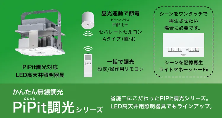 PiPit調光対応、LED高天井用照明器具。かんたん無線調光PiPit調光シリーズ　省施工にこだわったPiPit調光シリーズ。LED高天井用照明器具でもラインアップ。昼光連動で節電PiPit＋（ピピッとプラス）セパレートセルコンAタイプ（直付）。一括で調光PiPit＋（ピピッとプラス）ハンディライコン。シーンを記憶再生ライトマネージャーFx（シーンをワンタッチで再生させたい場合に必要です。）
