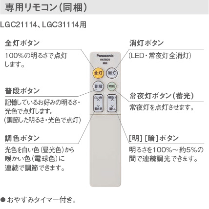 専用リモコン（同梱）LGC21114、LGC31114用