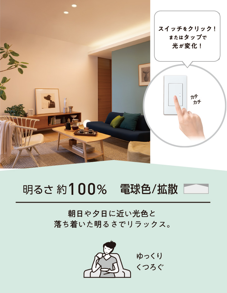 明るさ約100% 電球色/拡散 朝日や夕日に近い光色と落ち着いた明るさでリラックス。ゆっくりくつろぐ