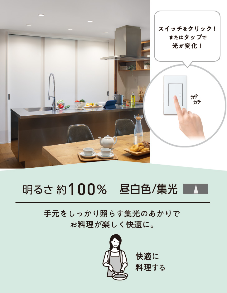 明るさ約100% 昼白色/集光 手元をしっかり照らす集光のあかりでお料理が楽しく快適に。快適に料理する