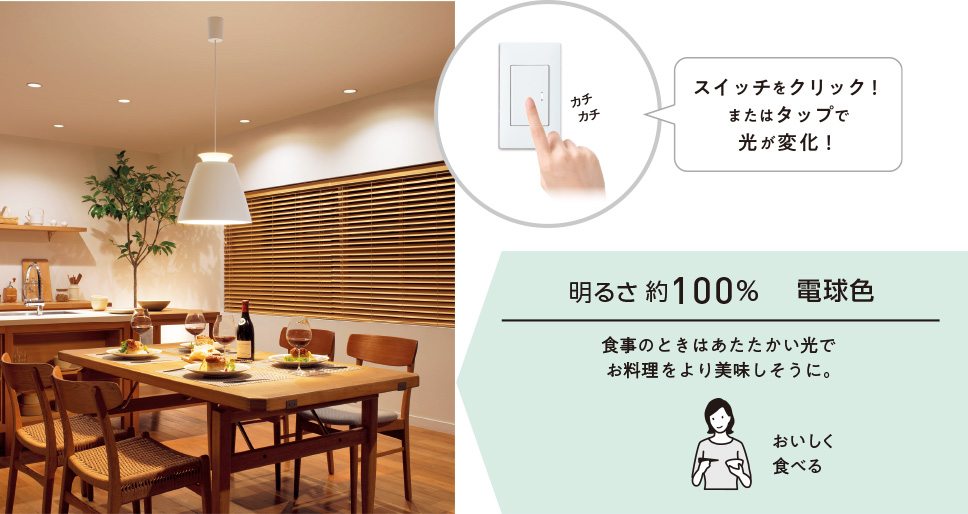 明るさ約100% 電球色 食事のときはあたたかい光でお料理をより美味しそうに。おいしく食べる