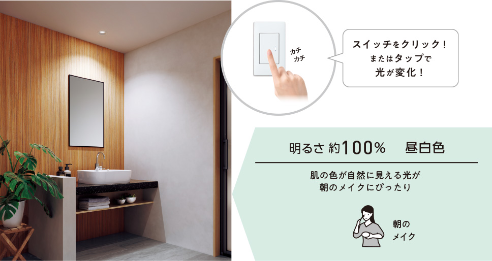 明るさ約100% 昼白色 肌の色が自然に見える光が朝のメイクにぴったり 朝のメイク