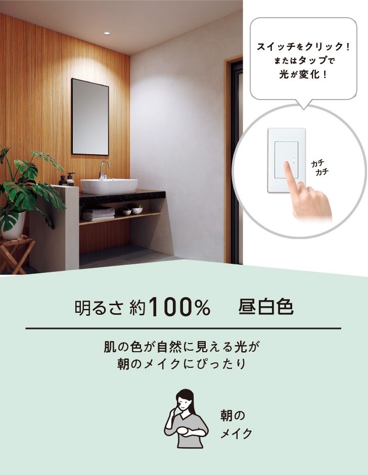 明るさ約100% 昼白色 肌の色が自然に見える光が朝のメイクにぴったり 朝のメイク