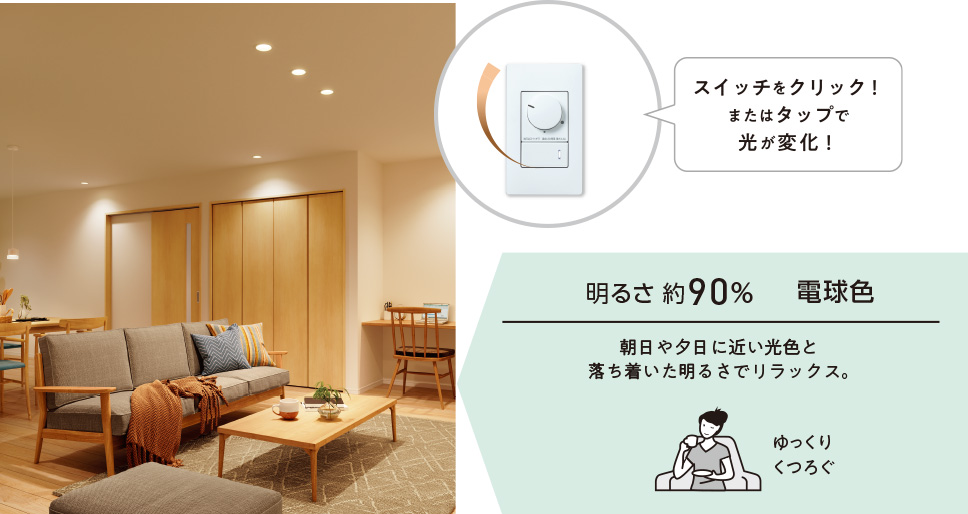 明るさ約90% 電球色 朝日や夕日に近い光色と落ち着いた明るさでリラックス。ゆっくりくつろぐ