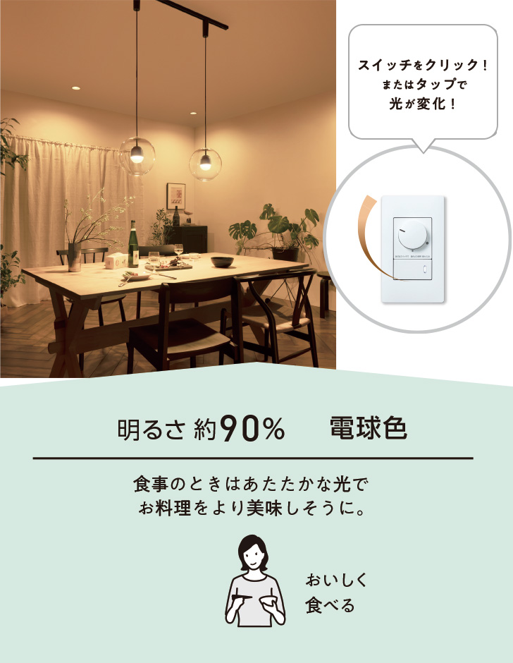 明るさ約90% 電球色 食事のときはあたたかな光でお料理をより美味しそうに。おいしく食べる