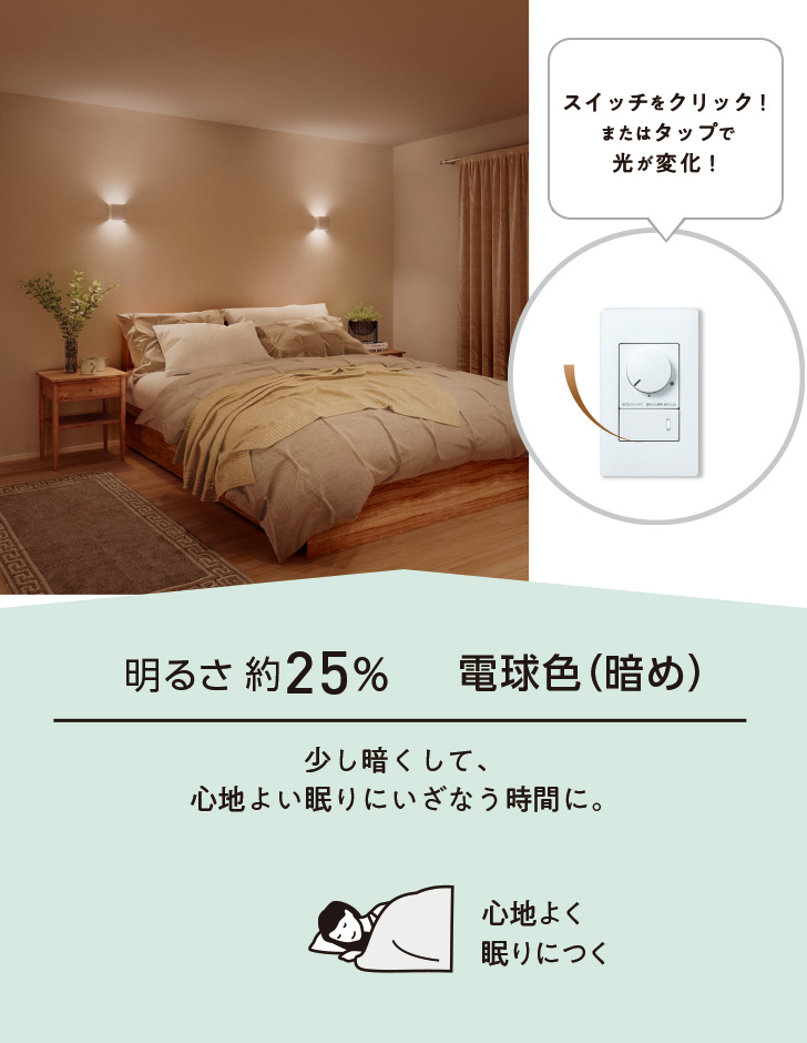 明るさ約25% 電球色(暗め) 少し暗くして、心地よい眠りにいざなう時間に。 心地よく眠りにつく