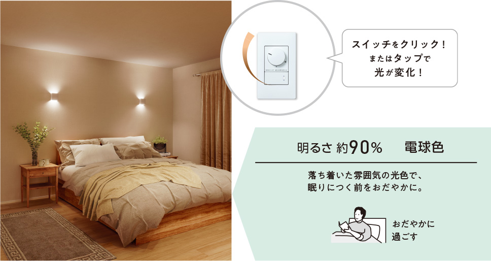 明るさ約90% 温白色 落ち着いた雰囲気の光色で、眠りにつく前をおだやかに。 おだやかに過ごす