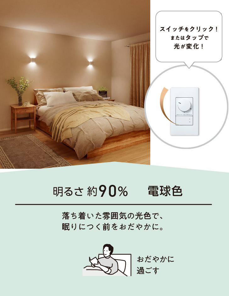 明るさ約90% 温白色 落ち着いた雰囲気の光色で、眠りにつく前をおだやかに。 おだやかに過ごす