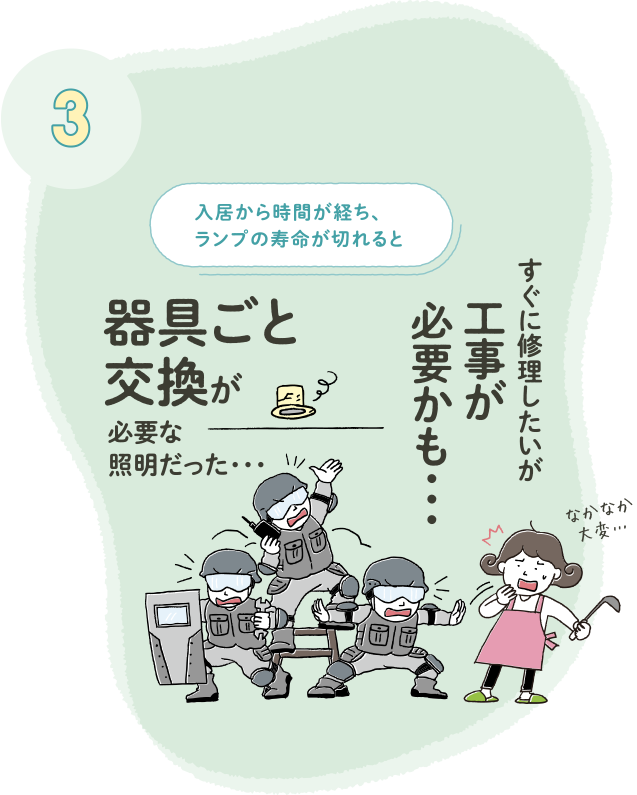 3 入居から時間が経ち、ランプの寿命が切れると 器具ごと交換が必要な照明だった・・・ すぐに修理したいが工事が必要かも・・・