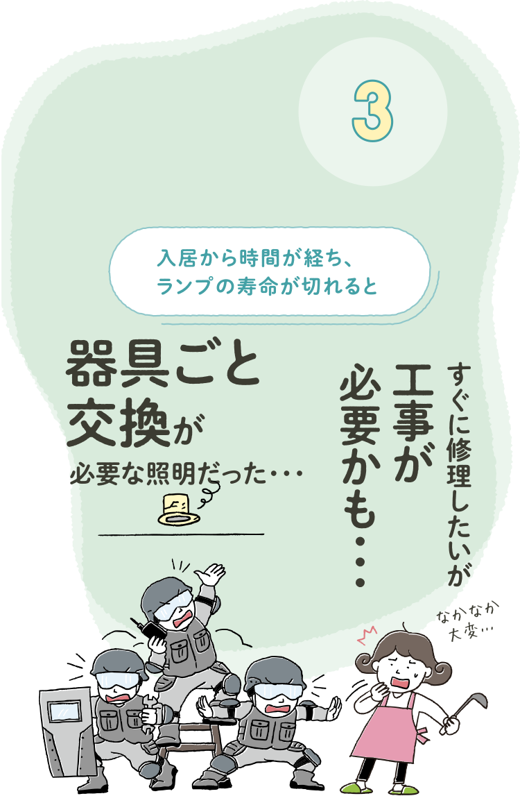 3 入居から時間が経ち、ランプの寿命が切れると 器具ごと交換が必要な照明だった・・・ すぐに修理したいが工事が必要かも・・・