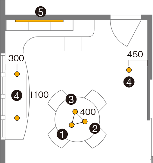 使用器具 1：ペンダント（美ルック）2：ペンダント（美ルック）3：ペンダント（美ルック）4：ダウンライト（シンクロ調色）5：スリムライン照明（建築化照明）