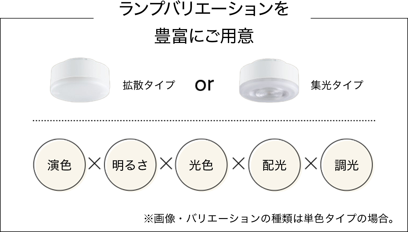 ランプバリエーションを豊富にご用意 拡散タイプor集光タイプ ※画像・バリエーションの種類は単色タイプの場合。