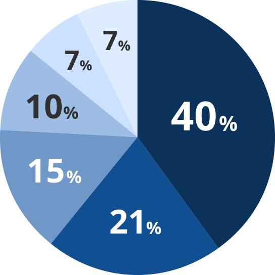 40%, 21%, 15%, 10%, 7%, 7%