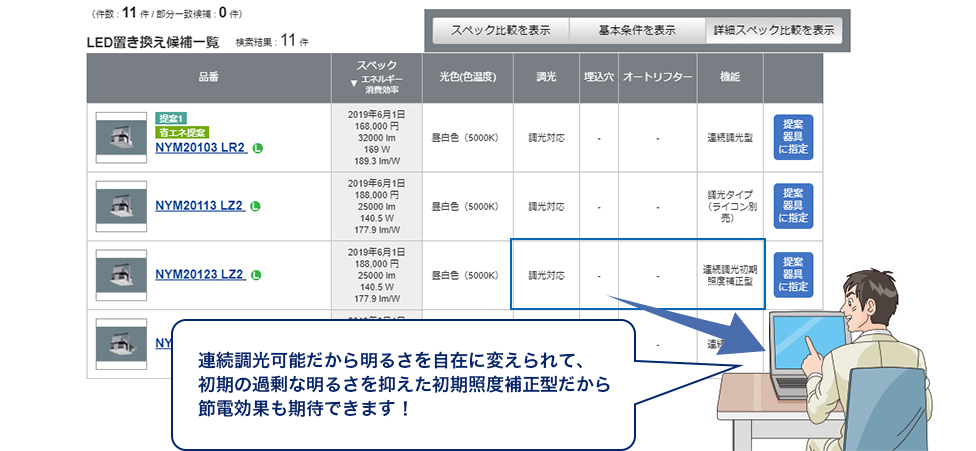 対応する候補一覧の中から、最適な器具を選んで付加価値提案！