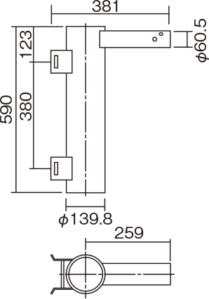 電力柱共架アーム ブレーカ内蔵可能型（φ60.5用）の寸法図