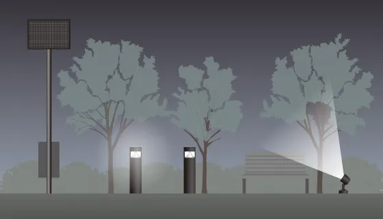 ソーラー別置照明（DC出力）、ローポールライトが設置されているイメージ図