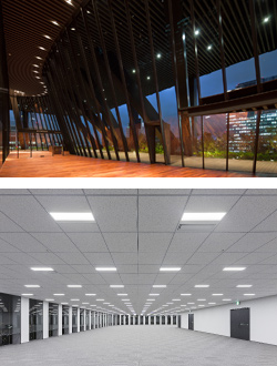 上：13階スカイロビー 下：基準階オフィス LED＋明るさセンサで省エネ