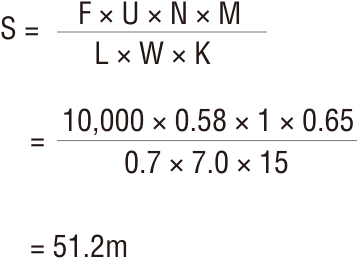 S=F×U×N×M/L×W×K= 10,000×0.58×1×0.65/0.7×7.0×15=51.2m
