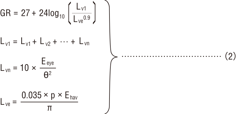 GR＝27＋24 log10（Lv1/Lve0.9）、Lv1=Lv1+Lv2+⋯＋Lvn、Lvn=10xEeye/θ2、Lve=0.035xpxEhav/π}⋯(2)