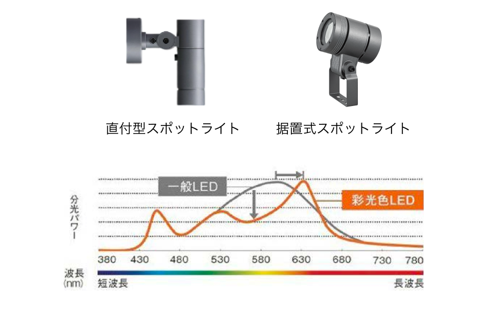 スポットライトの画像 分光パワーと波長のグラフ