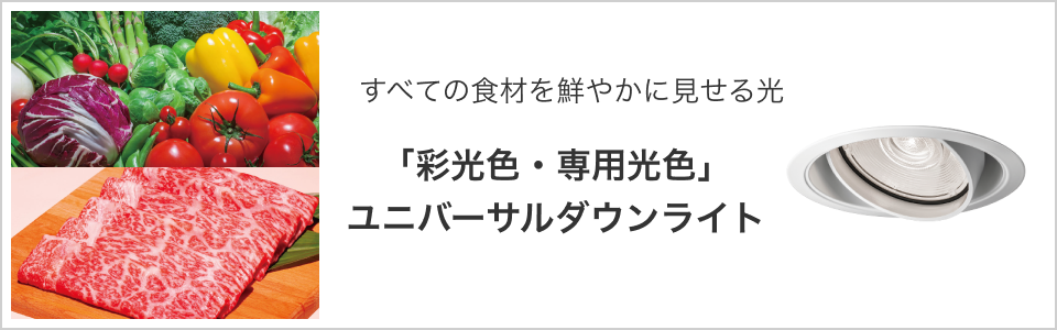 すべての食材を鮮やかに見せる光「彩光色・専用光色」ユニバーサルダウンライト