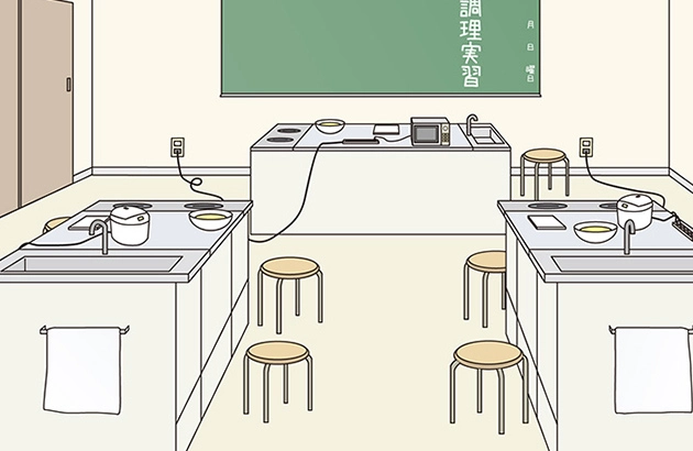 実習室で作業台付近にコンセントがなく、電源が取りにくい状況を示したイラスト。