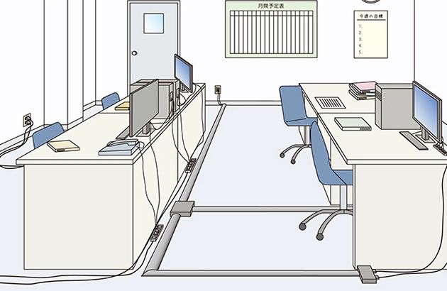 事務所で床に配線が広がり、つまずく危険がある状況を示したイラスト。