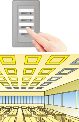 パターン制御により、窓際の照明を消灯するイメージイラスト。